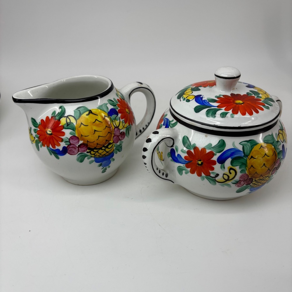 Vtg #1796 De Luxe H. & N. Germany Hand Painted Ceramic Creamer Sugar Majolica